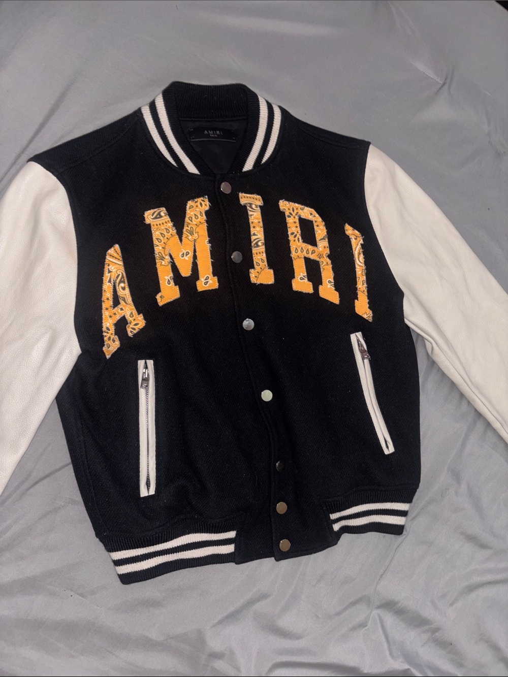AMIRI Black & White Letterman Jacket with Yellow Bandana Applique